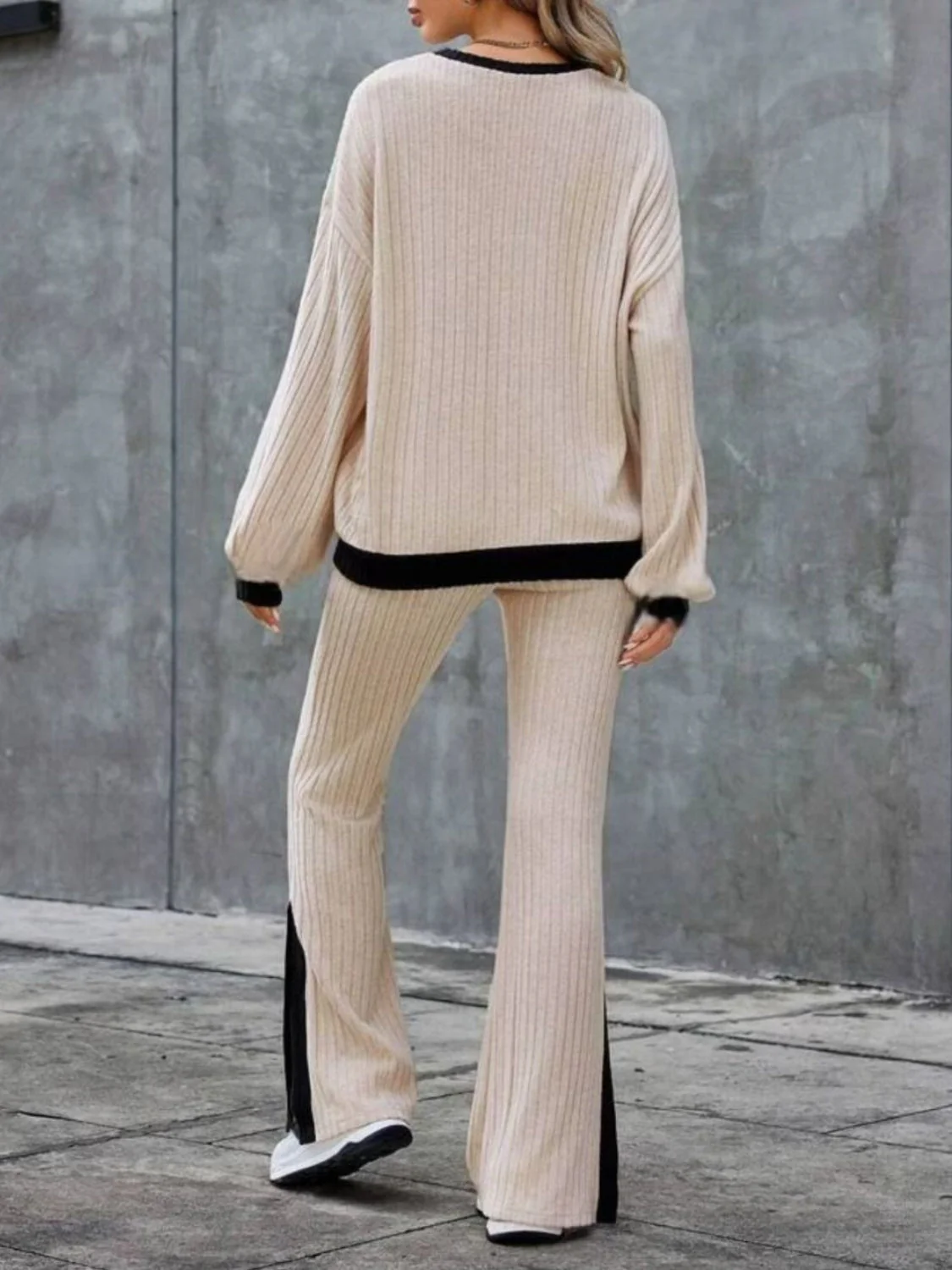 Wilma | Contrast crew neck long sleeve top and bootcut trousers set - Image 4