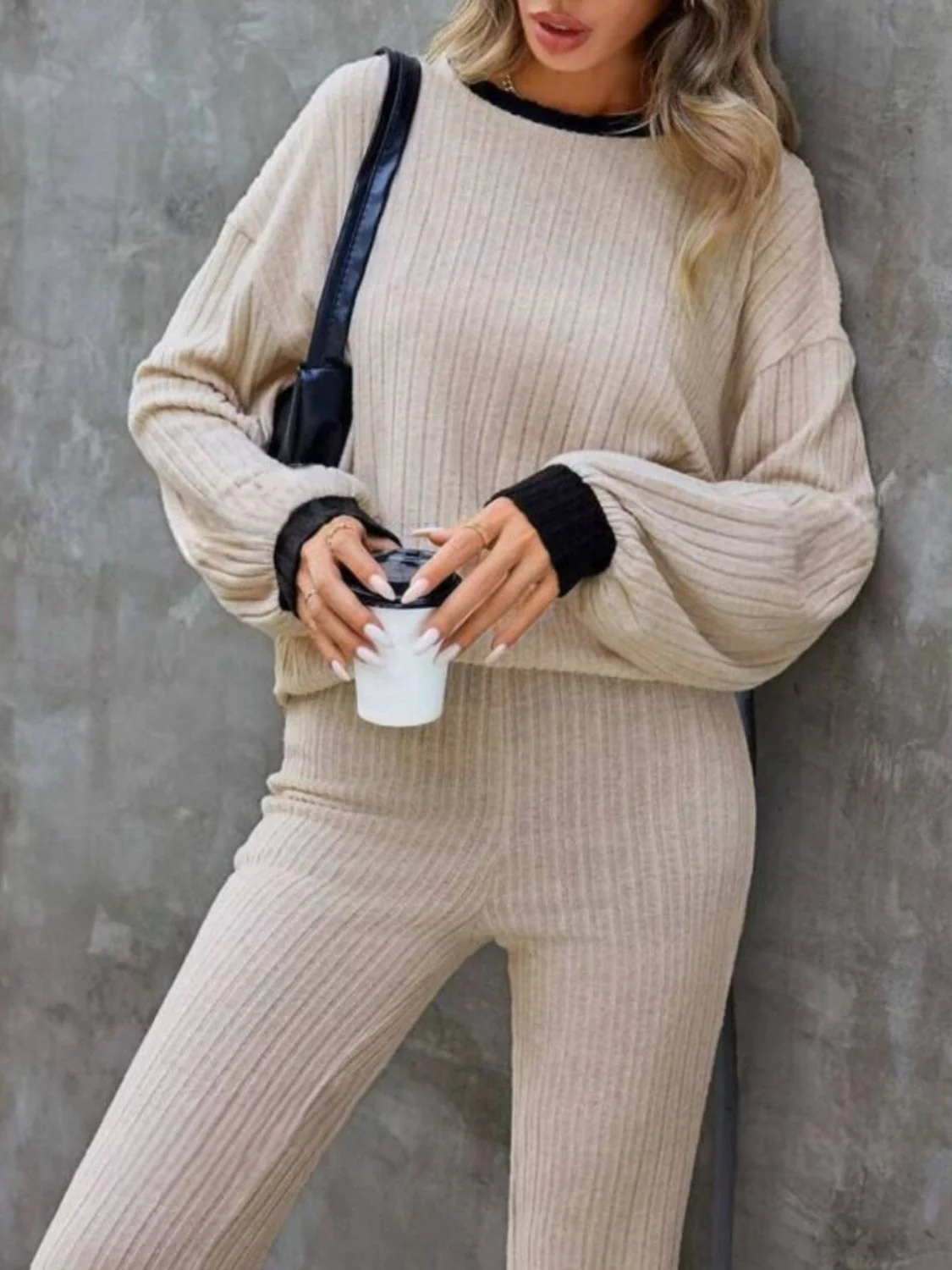 Wilma | Contrast crew neck long sleeve top and bootcut trousers set - Image 5