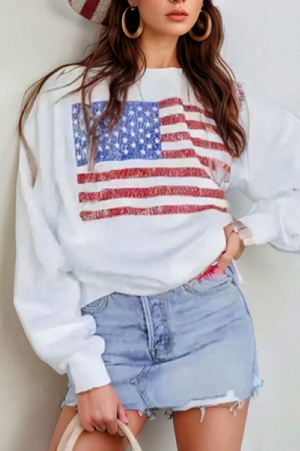 Xandra | Long sleeve crew neck sweatshirt with US flag