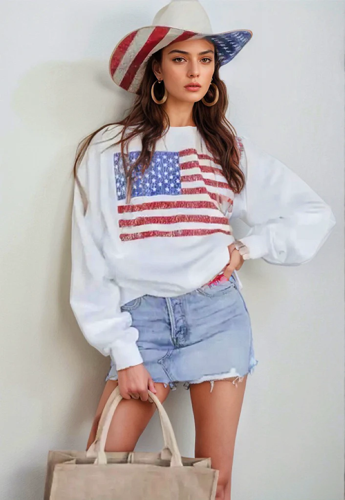 Xandra | Long sleeve crew neck sweatshirt with US flag - Image 4