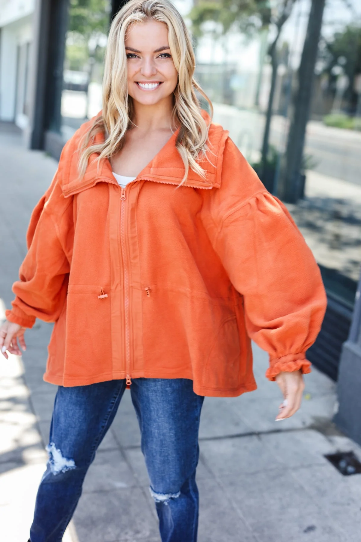 Xaviera | Beautiful You Rust fleece jacket with a fitted waist and zip fastening - Image 11
