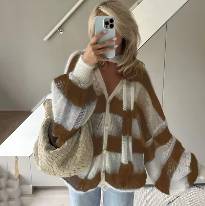 Yara | Striped women's sweater with scarf - Image 2
