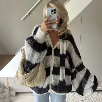 Yara | Striped women's sweater with scarf - Image 4