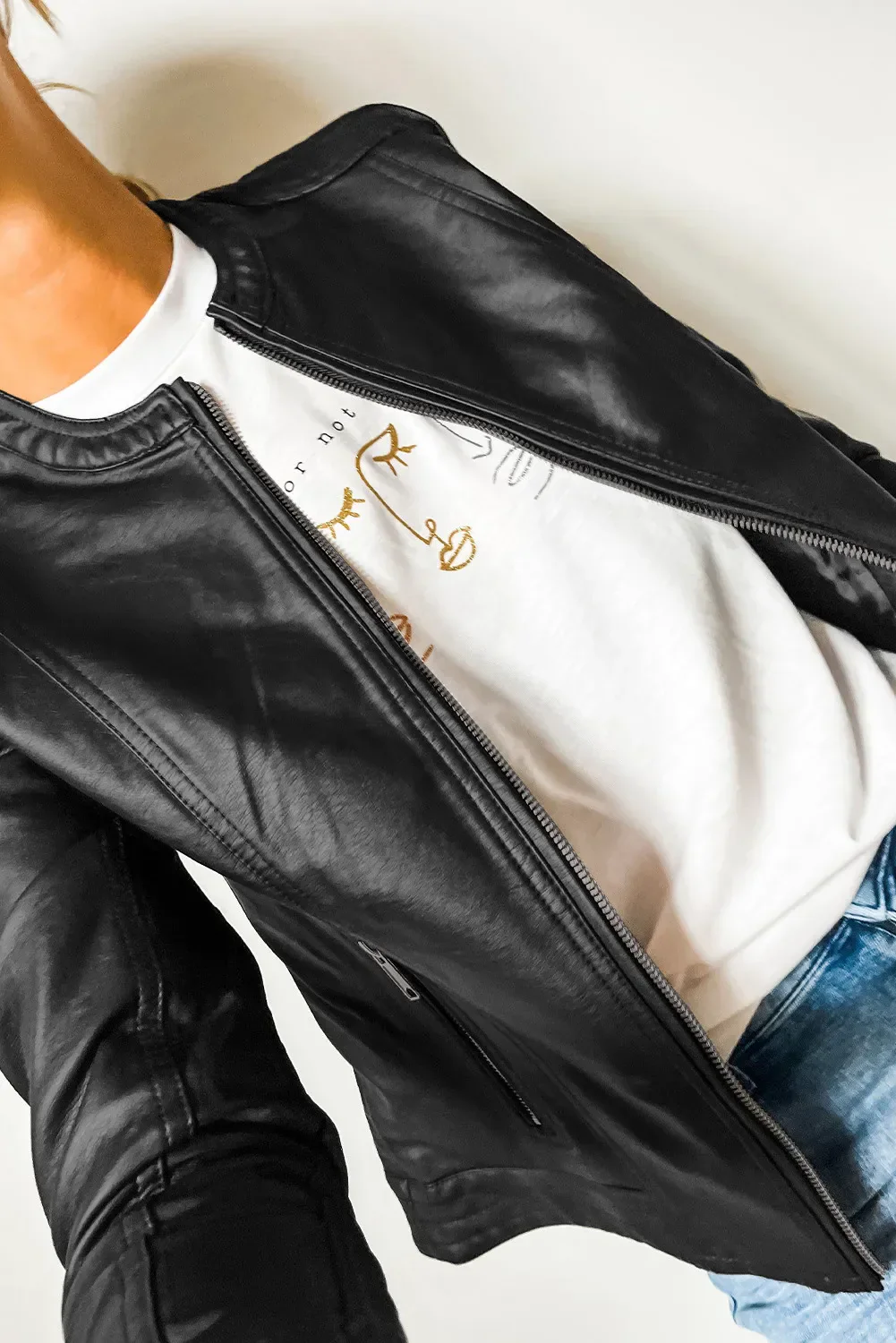 Yasmina | PU leather long sleeve jacket with crew neck - Image 3