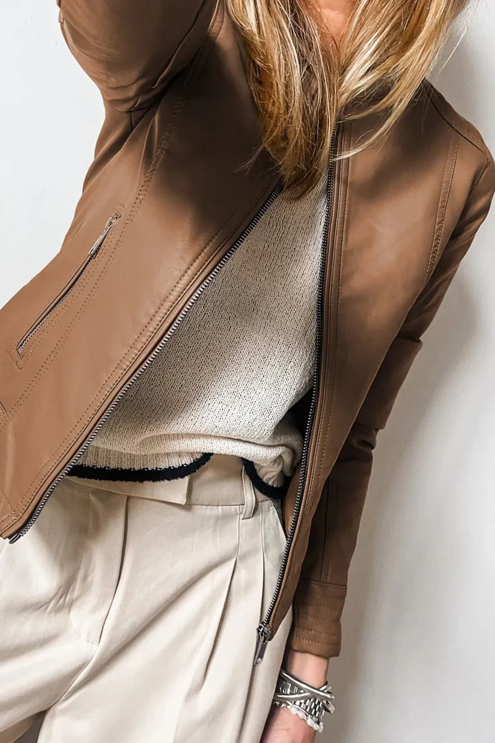 Yasmina | PU leather long sleeve jacket with crew neck - Image 6