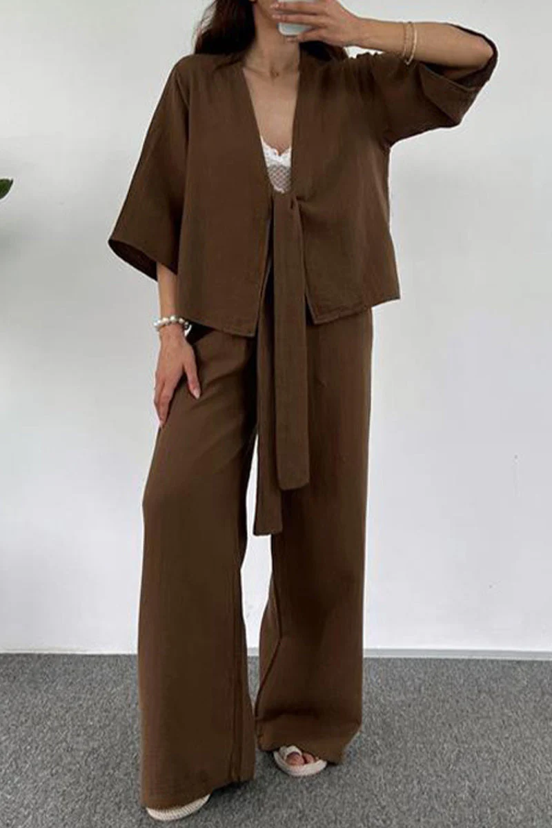 Yessica | Casual simplicity, solid pocket, V-neck, three-quarter length two-piece suit - Image 6