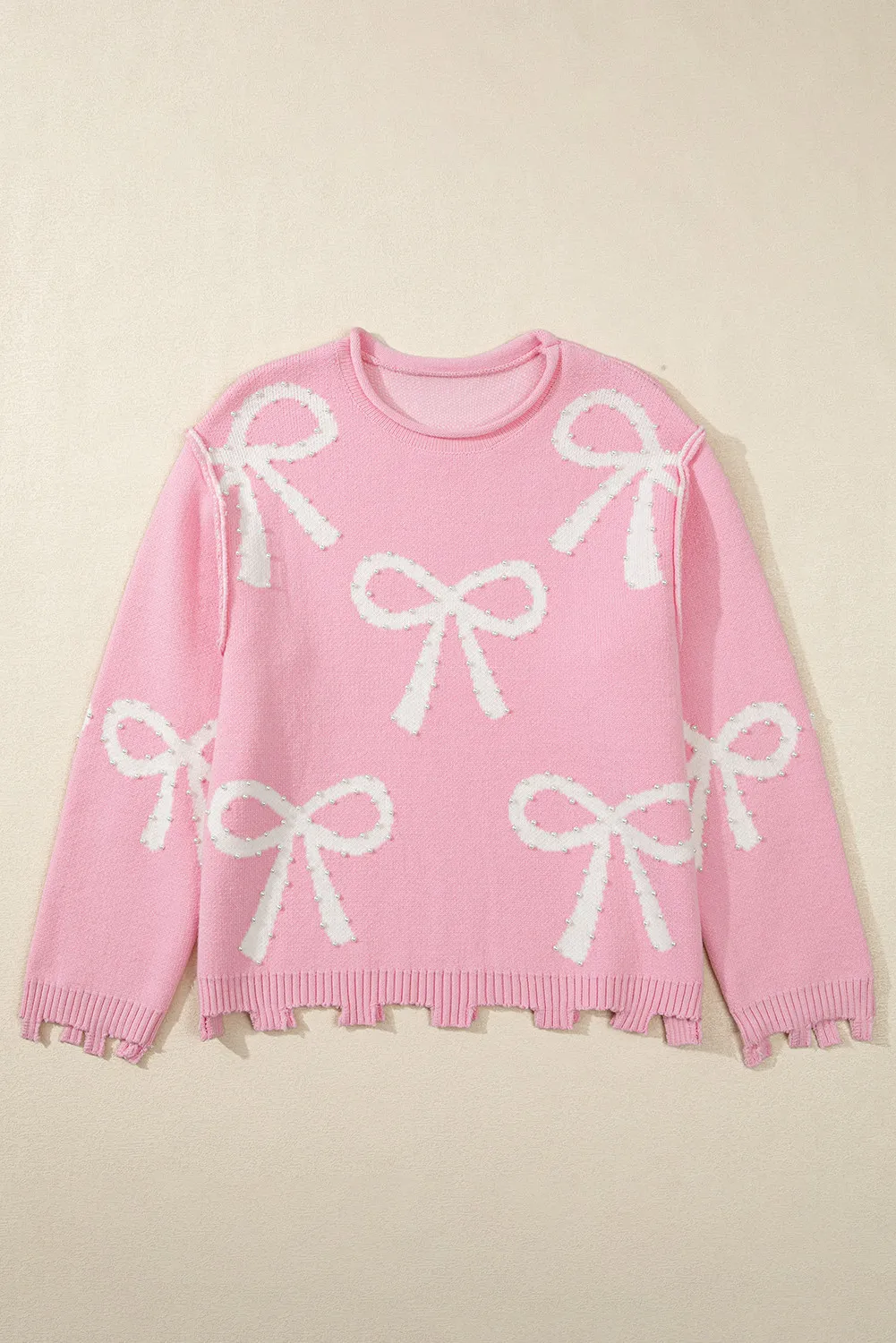 Yessica | Long-sleeved crew neck sweater with pearl detail and bow - Image 3