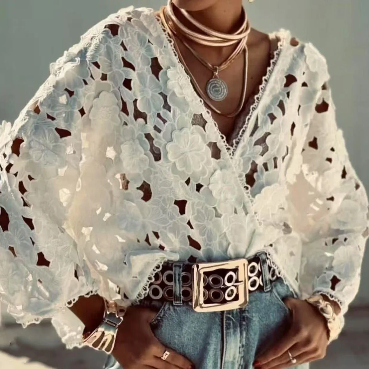 Yolaina® | Women'S Blouse Made Of Delicate Lace With Floral Motifs