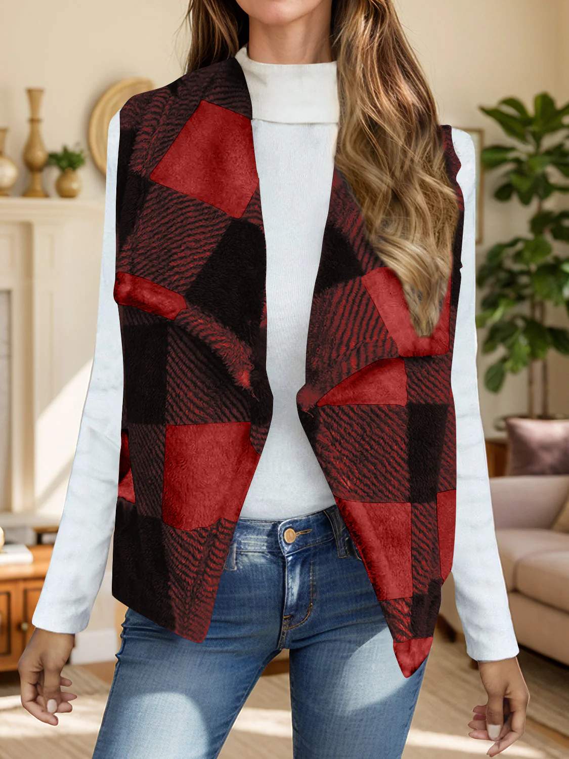 Yolanda | Checked vest coat with an open front - Image 10
