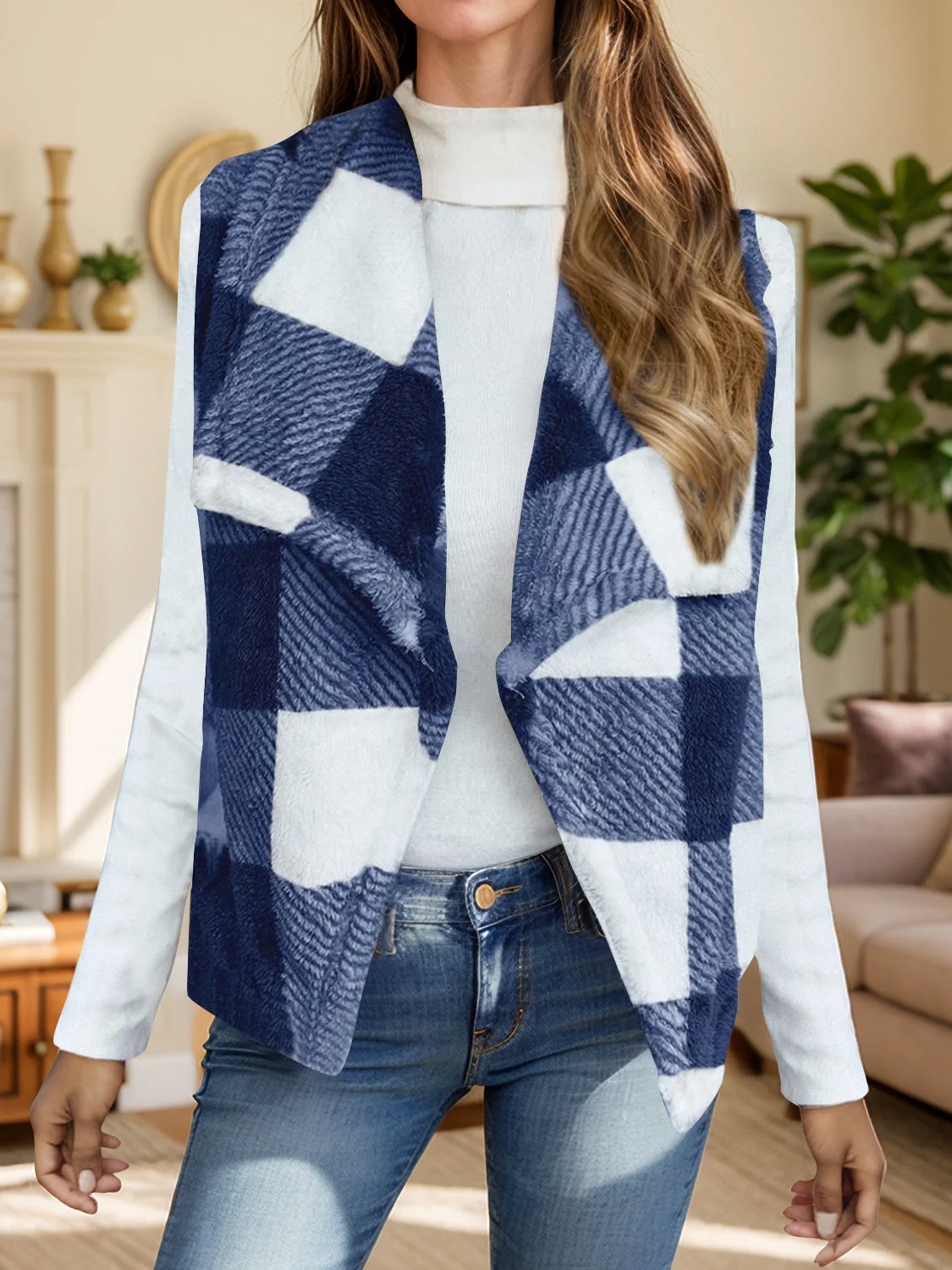 Yolanda | Checked vest coat with an open front - Image 13
