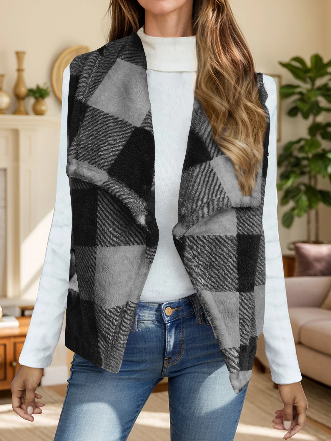 Yolanda | Checked vest coat with an open front - Image 16