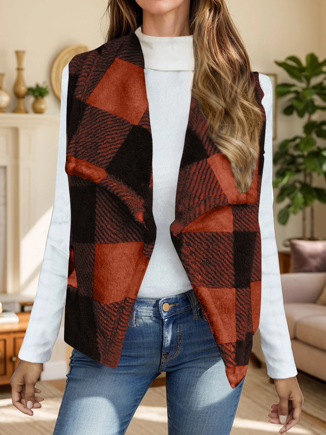Yolanda | Checked vest coat with an open front - Image 22
