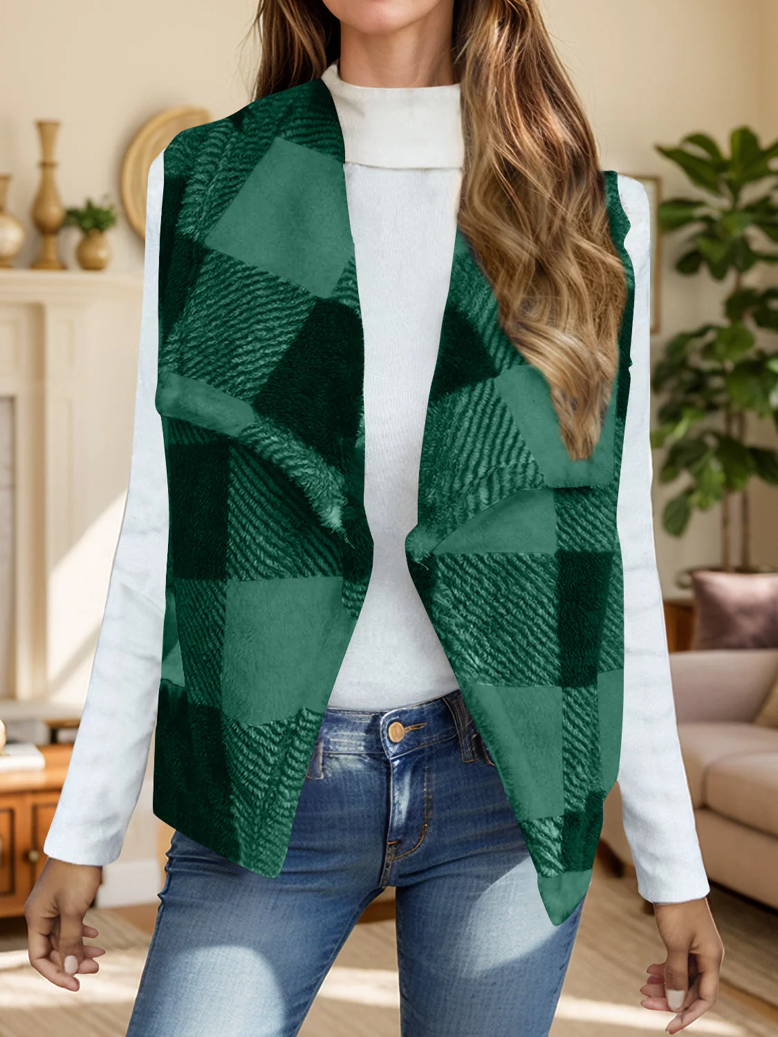 Yolanda | Checked vest coat with an open front - Image 7