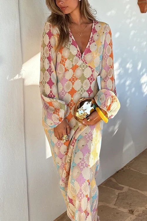 Yolanda® | V-Neck Lantern Sleeves Geometric Print Maxi Dress - Image 2
