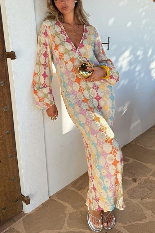 Yolanda® | V-Neck Lantern Sleeves Geometric Print Maxi Dress - Image 5