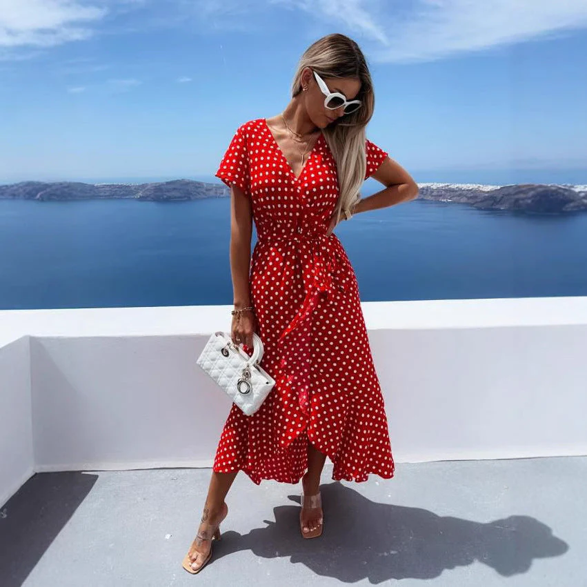 Yolanda® | Women'S Asymmetrical Maxi Dress With Dots And Low Waist - Image 3
