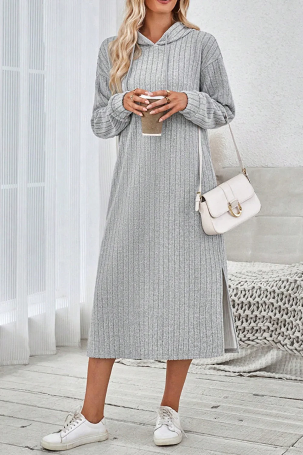 Yvonne | Long sleeve hooded dress with side slit and drawstring - Image 4
