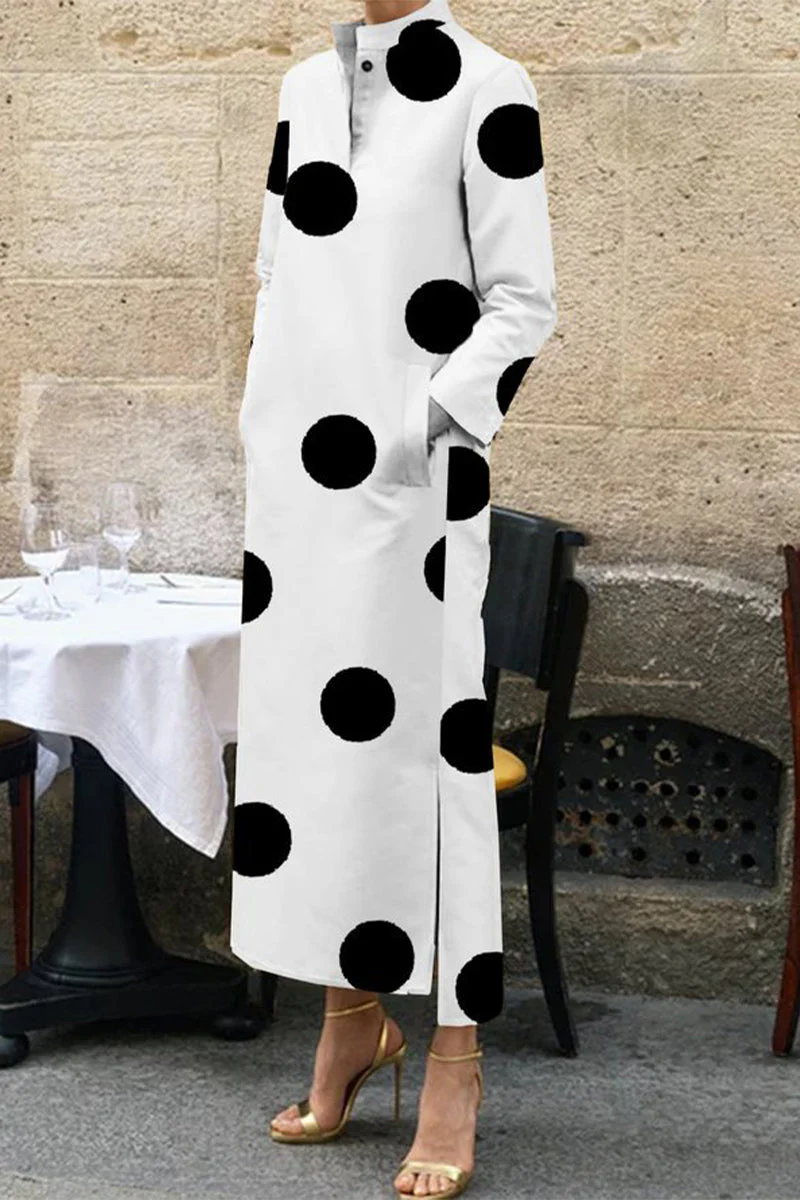 Zaida | Casual irregular geometric print dresses with pockets and mandarin collar