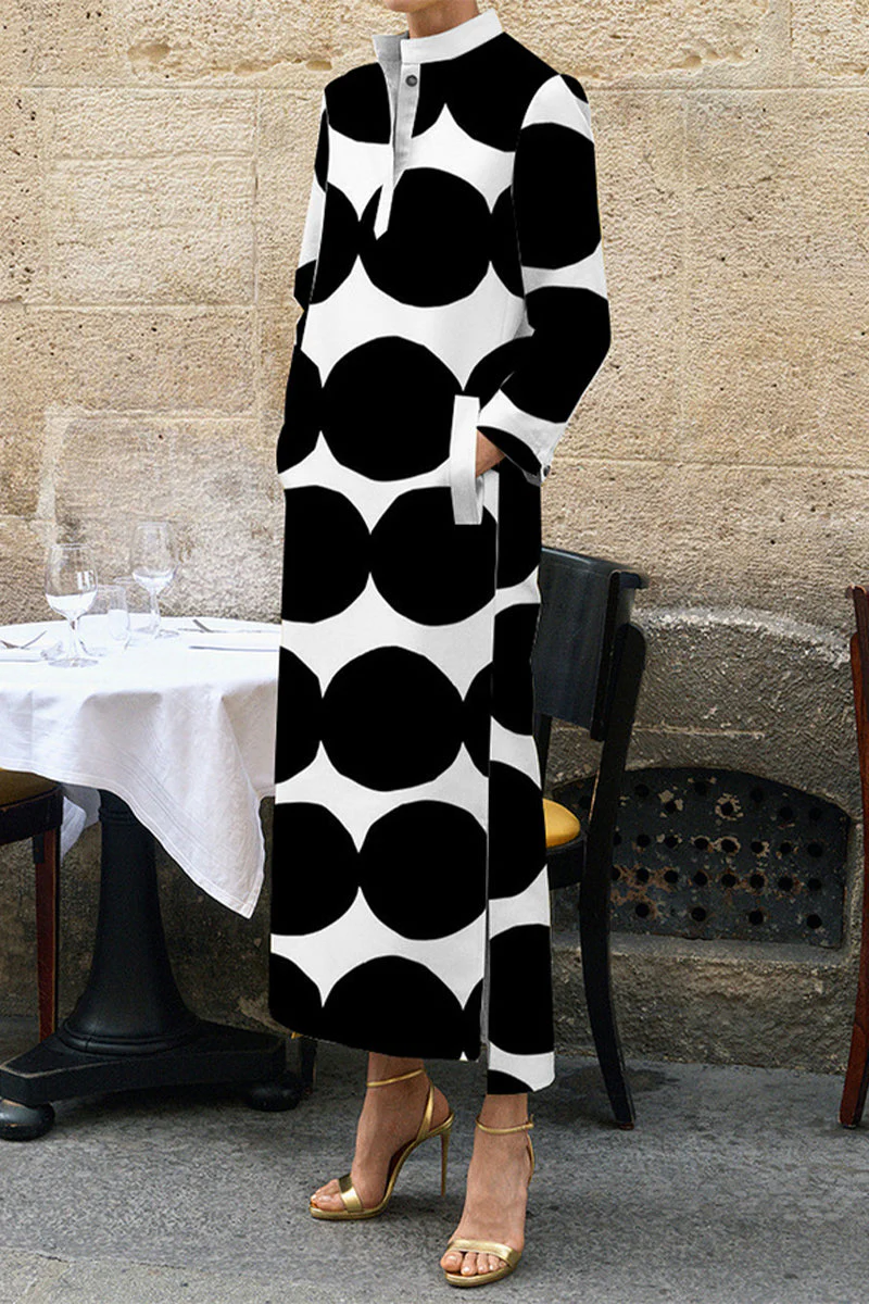 Zaida | Casual irregular geometric print dresses with pockets and mandarin collar - Image 2