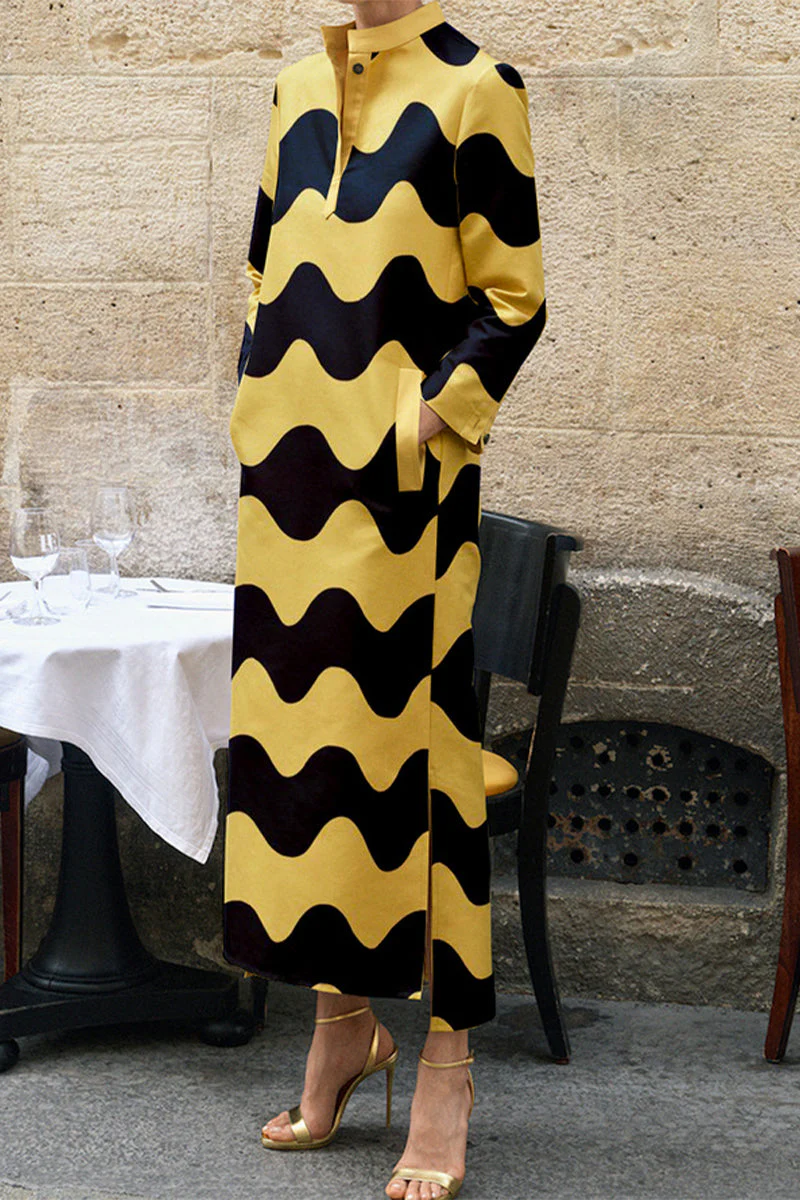Zaida | Casual irregular geometric print dresses with pockets and mandarin collar - Image 3