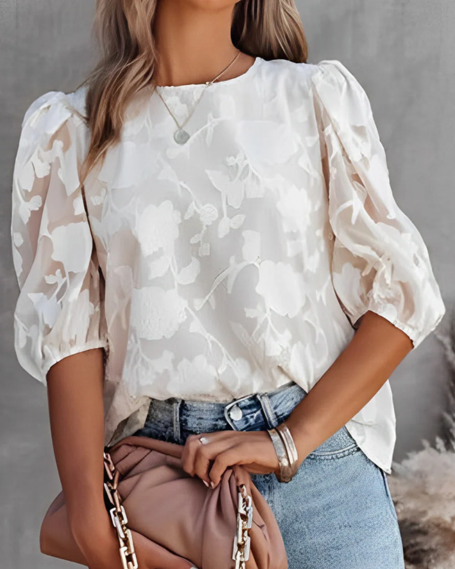 Zara® | Elegant Floral Blouse With Puff Sleeves - Image 5