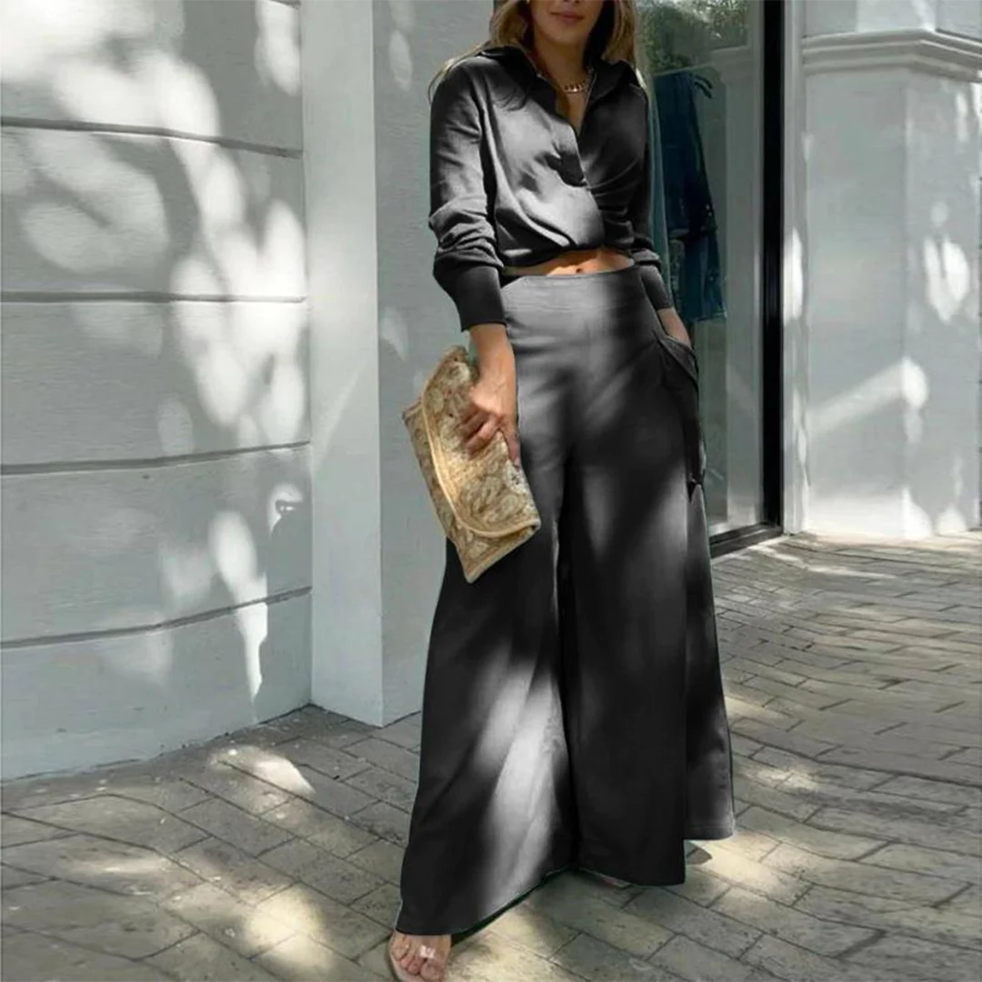Zina® | Elegant Long-Sleeved Crop Blouse And Wide-Legged Pants