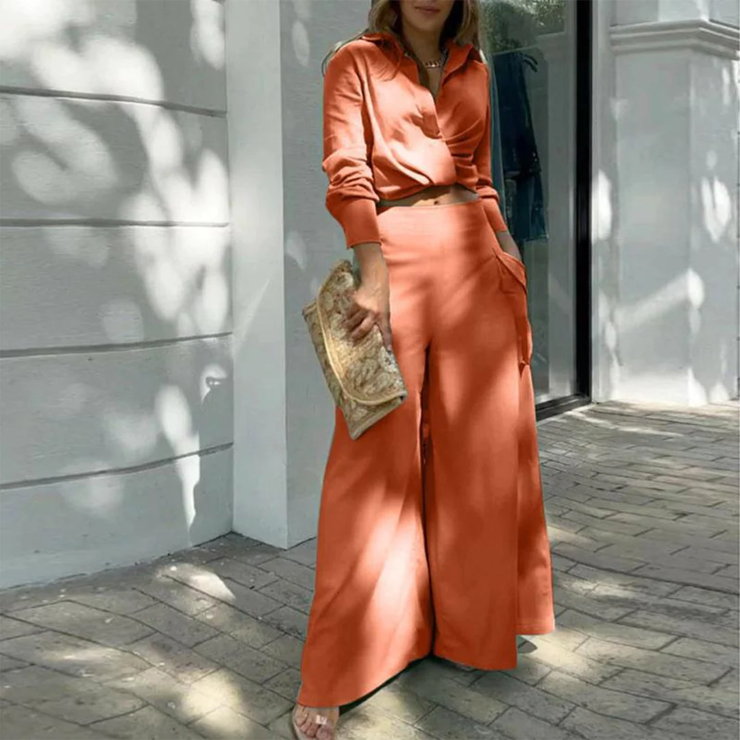 Zina® | Elegant Long-Sleeved Crop Blouse And Wide-Legged Pants - Image 3