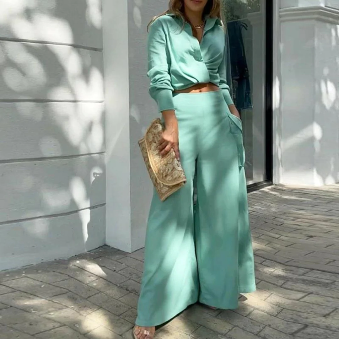 Zina® | Elegant Long-Sleeved Crop Blouse And Wide-Legged Pants - Image 5