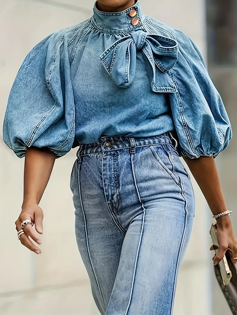 Zita® | Elegant Denim Top With A High Neck - Image 3