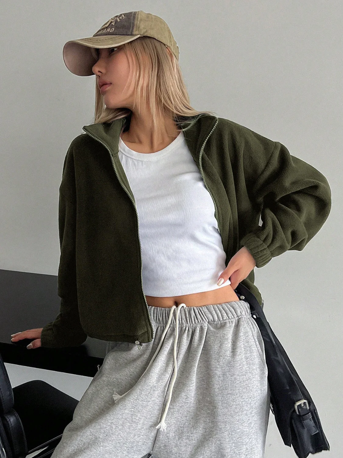 Zoe | Honey, long sleeve, cropped zip jacket - Image 3