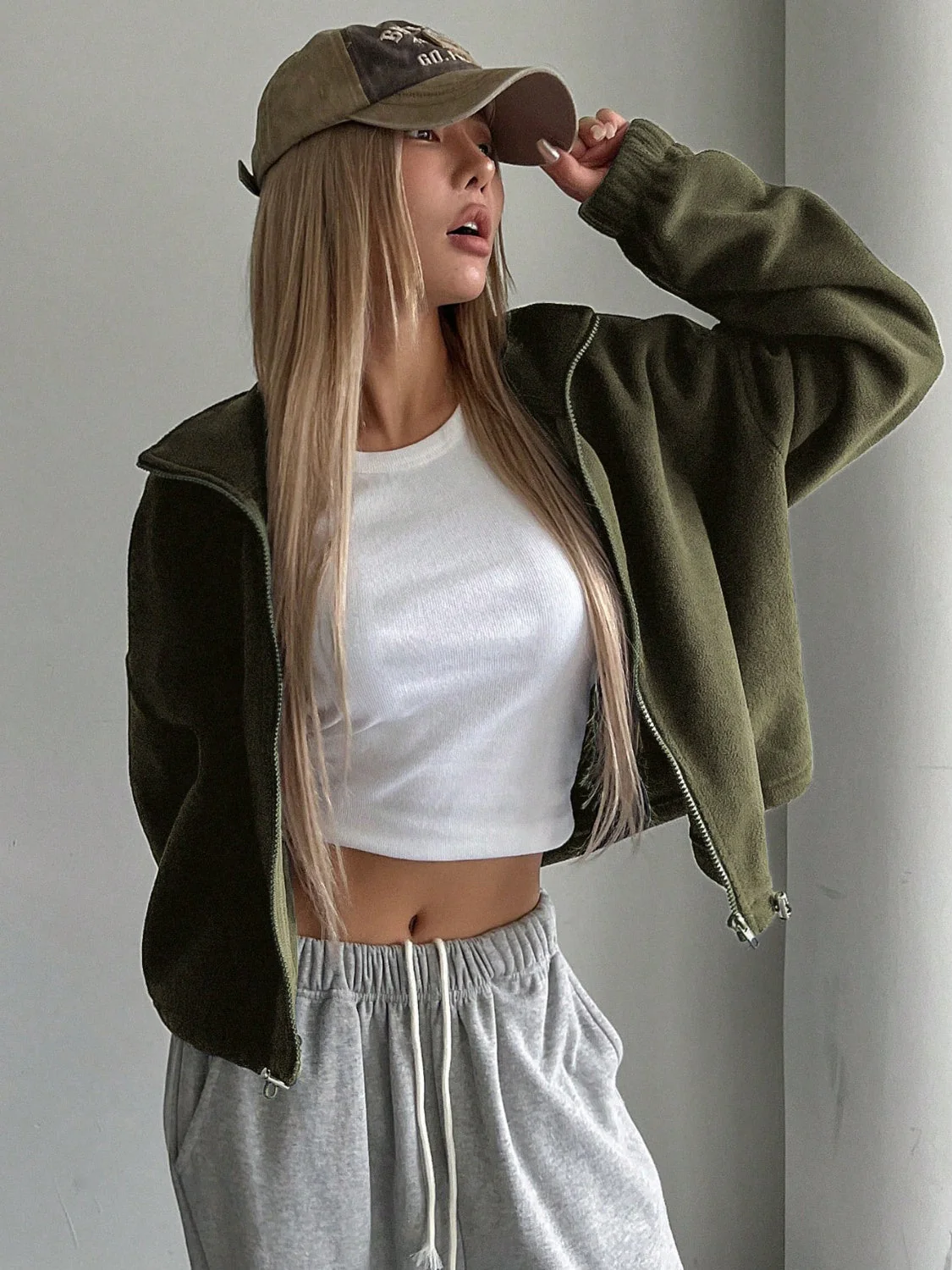 Zoe | Honey, long sleeve, cropped zip jacket - Image 5