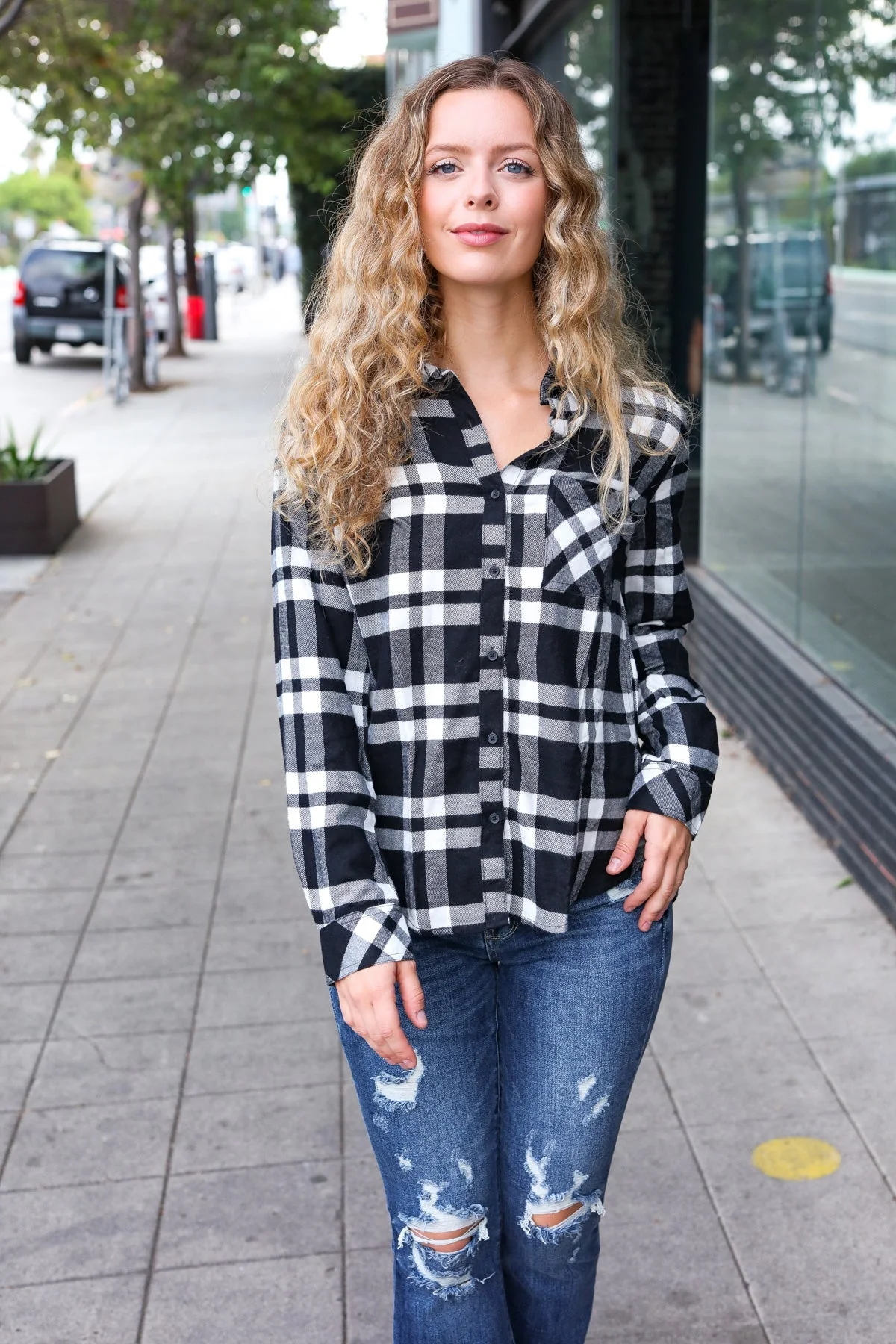 Zoraida | Casual chic black checked long sleeve button down top - Image 3