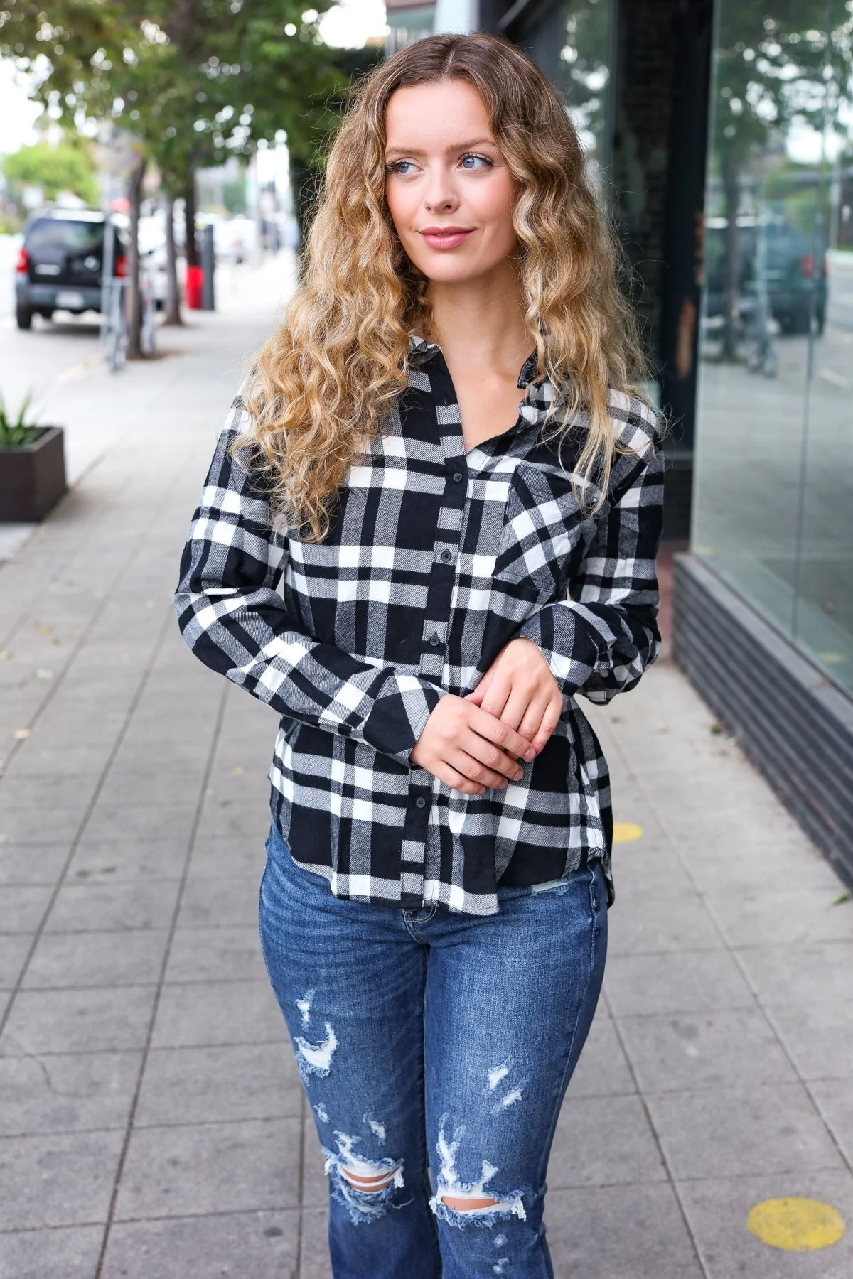 Zoraida | Casual chic black checked long sleeve button down top - Image 5