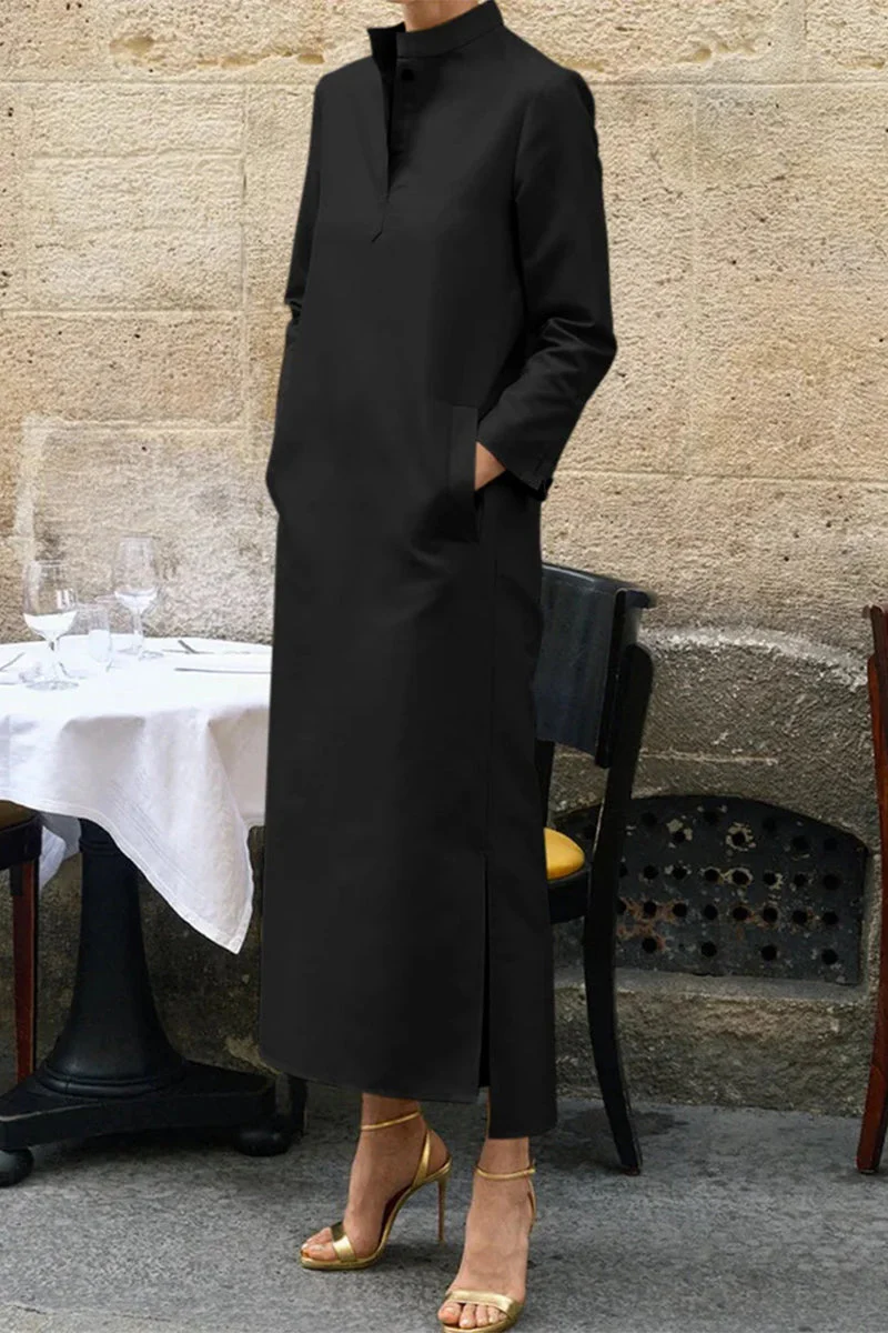 Zulema | Casual solid color long sleeve dresses with stand-up collar and pockets - Image 2