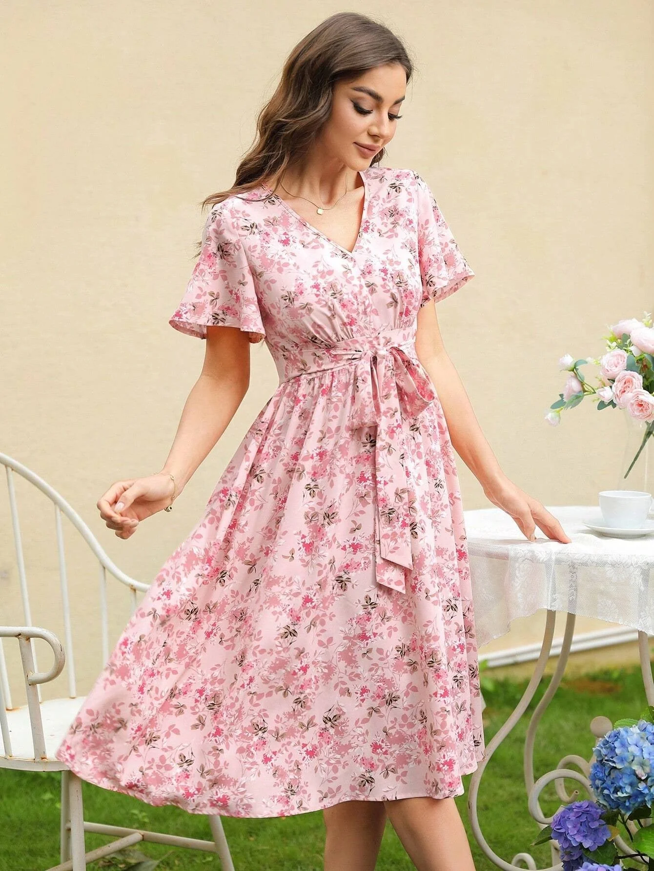 Zuleyka® | Women'S Floral Dress With V-Neck And Tailored Tie Belt - Image 6